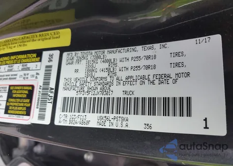 2018 Toyota Tundra Sr5 5.7L V8 z USA, uszkodzony, nr VIN 5TFDY5F12JX703017